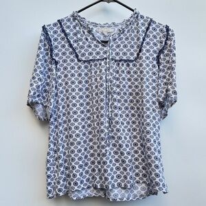 Plastic Island White Navy Blue Geometric Short Sleeves Boho Peasant Blouse Small